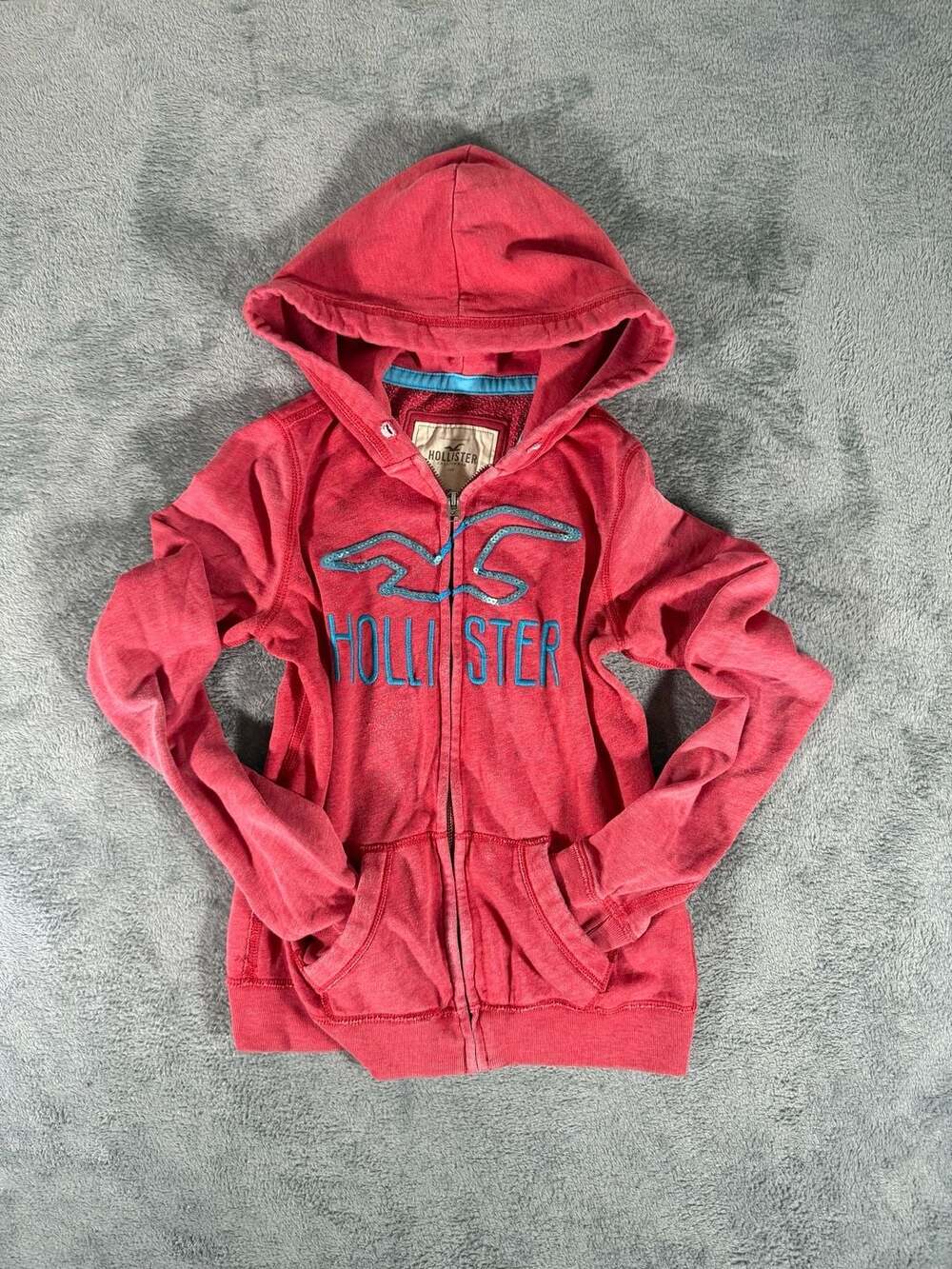Hollister Full Zip Hoodie Size XS Red Sequins Logo Y2K